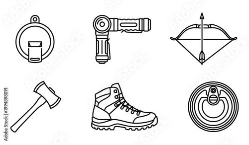 Collection of outdoor adventure and exploration equipment icons with adventure equipment exploration survival flashlight