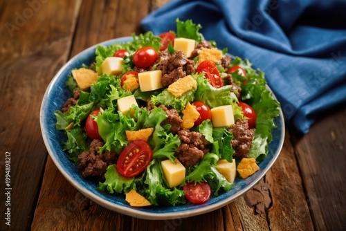 Fresh Salad With Beef, Cheese, and Tomatoes Served on a Wooden Table With a B...