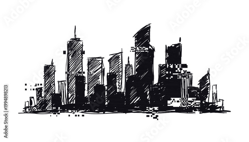 Sketchy vector silhouette of modern city skyline abstract buildings transparent background.