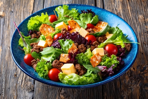 Fresh Salad With Tomatoes, Lettuce, Cheese, and Croutons in a Blue Bowl on a ...