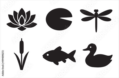 Minimalist black silhouettes of a pond ecosystem with various creatures