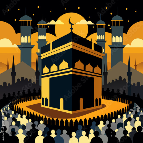 Silhouette of crowd around Kaaba structure. Simple black and white icon depicting the kaba with pilgrims around it