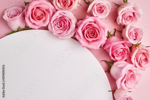 Pink Roses Surround a Blank Circle on a Pink Background for a Simple Design o...