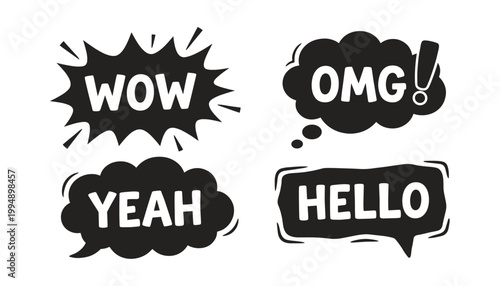 Speech bubbles with words wow omg yeah hello comic style transparent vector.