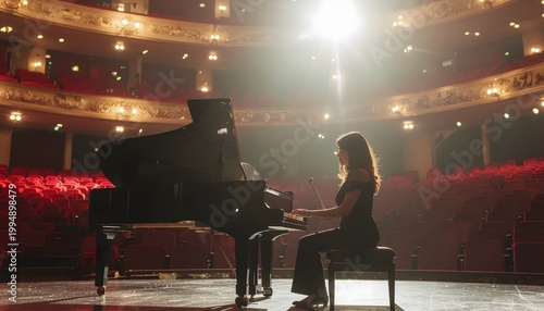 A young woman plays a grand piano on a brightly lit stage in a grand concert hall with red seats.