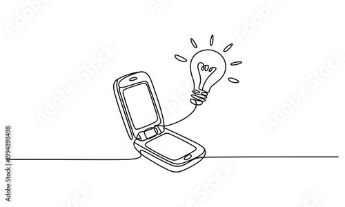 Open flip phone connected to a bright light bulb symbolizing ideas.