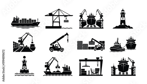 Set of nautical and shipping icons on transparent background vector illustration.
