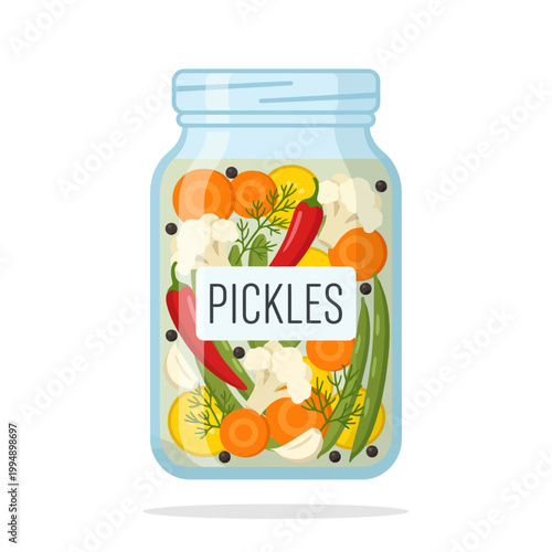 Flat Vector Illustration of Pickled Vegetables in Jar