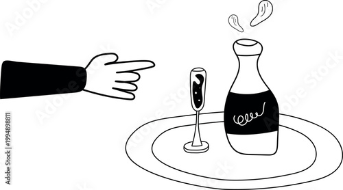 Elegant serving tray with champagne bottle and glass hand pointing gesture.