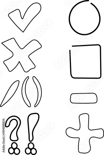 Hand drawn doodle symbols set with check mark cross plus minus punctuation.