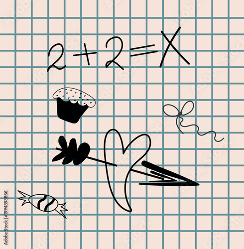 Cute doodle school elements on notebook grid with math equation and sweets
