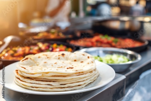 Freshly Made Naan Bread on Plate With Various Dishes in Background During Bus...