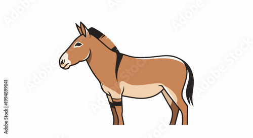 Stylized brown equine with dark mane, tail, and leg bands on a white background