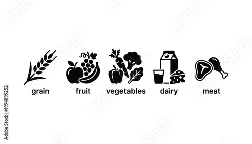Food group icons vector graphic set with transparent background healthy eating symbols for design.