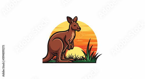Stylized brown kangaroo with a sunset backdrop and green grass