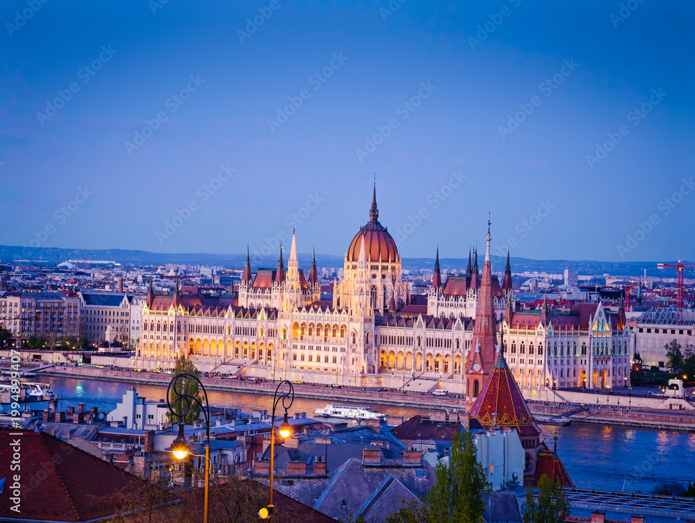 Obraz premium Hungarian Parliament Building, Parliament of Budapest. Aerial drone view of Budapest architecture, stunning historic building from above.