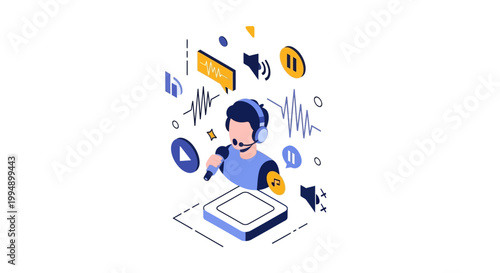 Podcasting and Audio Recording Isometric Illustration - Professional Man with Headphones and Microphone for Digital Content Creation, Live Streaming, and Radio Broadcasting