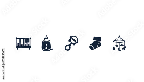 Baby items icons vector graphic set with transparent background for baby shower and nursery design.