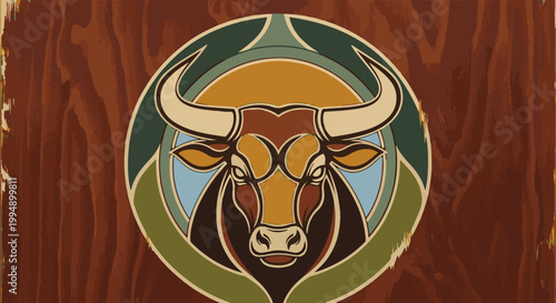 Stylized bull head emblem with earthy tones on a wood grain background