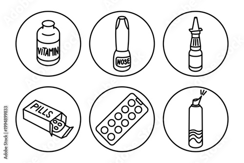Line art illustration featuring various health-related items including vitamin bottle, nasal spray, pill box, and other medication in circular frames
