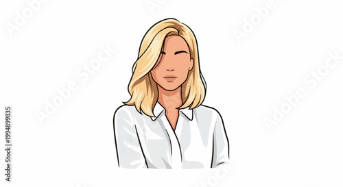 Stylized bust of a blonde woman in a white collared shirt