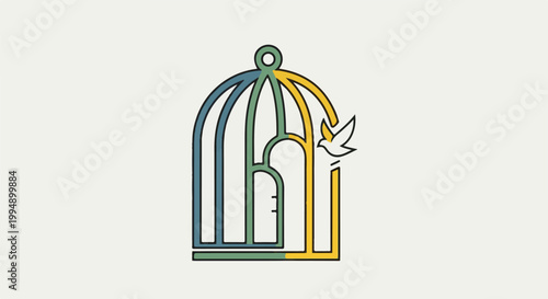 Stylized cage opens to release a bird, symbolizing freedom
