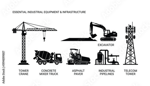 Essential industrial equipment and infrastructure vector icons transparent background set.