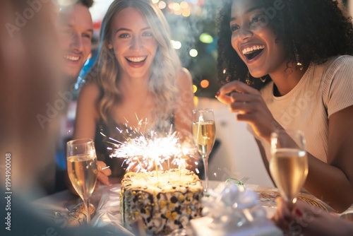 Friends Celebrate at a Birthday Party With Cake, Sparklers, and Drinks in a C...