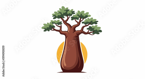 Stylized cartoon baobab tree with broad trunk and green foliage against a yellow sun