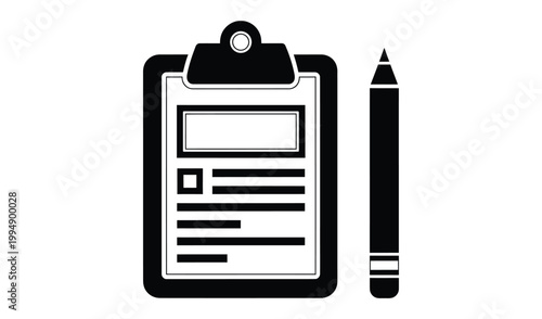 Black and white illustration of a clipboard with a pencil, symbolizing organization, planning, and productivity in a minimalist style.