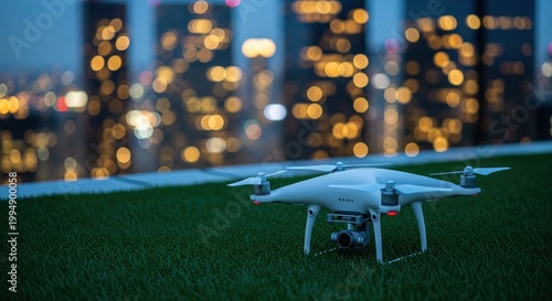 White quadcopter drone with camera on green rooftop grass over blurred night city lights