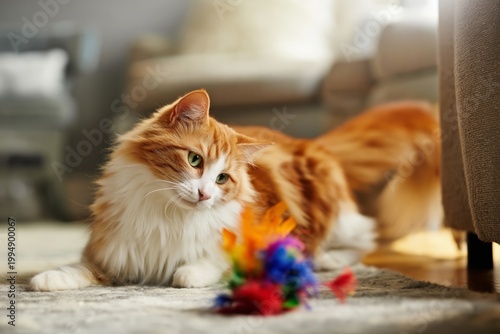 Orange Cat Plays With Colorful Toy Near Sofa on a Sunny Afternoon Indoors
