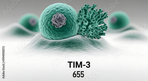 A medical illustration of a cell with a virus attached to it, labeled as TIM-3 655