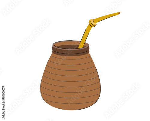 Illustration of Traditional Yerba Mate Gourd with Bombilla for Tea Drinking