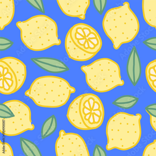 Vibrant Lemon Pattern with Green Leaves on Bold Blue Background