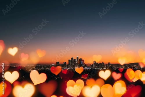 City Skyline at Dusk With Heart Shaped Lights in the Foreground and a Bright ...