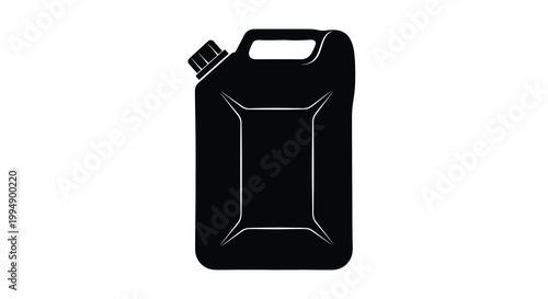 A stark black silhouette depicts a plastic jerrycan with a handle and cap isolated on white high quality