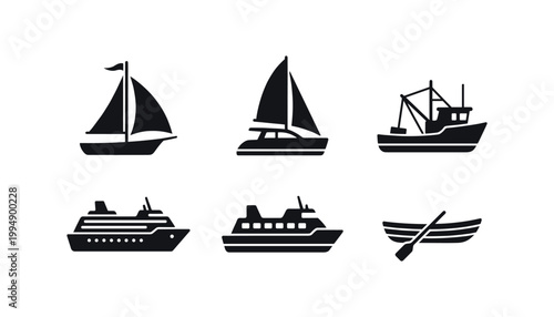 Collection of transparent vector boat icons isolated on white background sailing ship fishing boat yacht cruise ship rowboat.