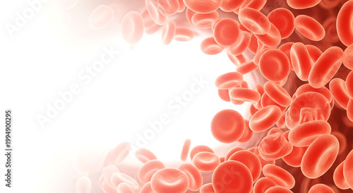 A medical illustration of red blood cells flowing through a vein with a bright white background