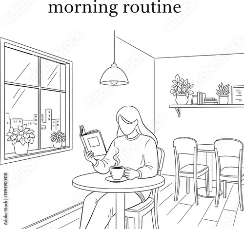 Outline vector illustration of potted plants on a windowsill