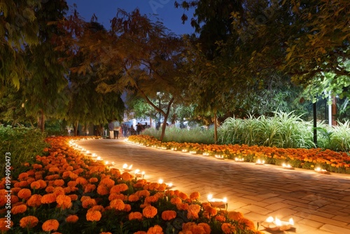 Pathway Lined With Flowers and Candles is Ready for Evening Celebration