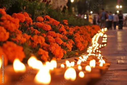 Colorful Flowers and Candles Line the Walkway During a Night Festival in the ...