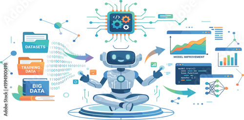 Artificial intelligence concept featuring a futuristic robot analyzing big data, machine learning processes, and neural networks in a digital environment.