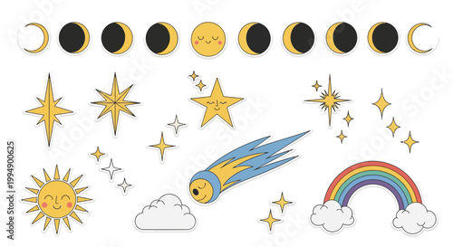 Cute cartoon celestial elements: sun, moon, stars, and rainbow
