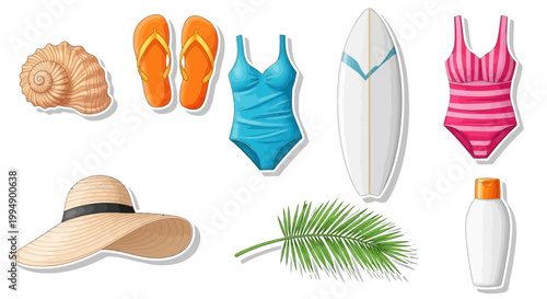 Summer beach essentials: swimsuits, surfboard, and sun protection in a fun, summery style