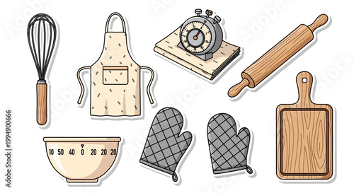 Retro kitchen tools and utensils in a hand drawn style