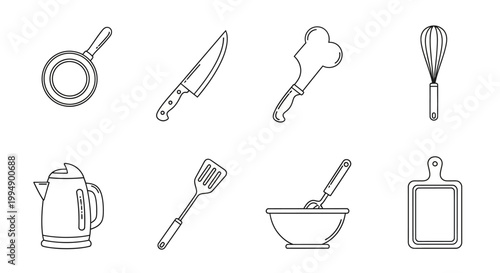 Minimalist kitchen utensils collection: line art essentials for cooking