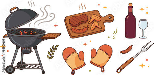 Barbecue grill party set with steak, chicken, sausage, wine, and oven mitts for summer outdoor cooking illustration.