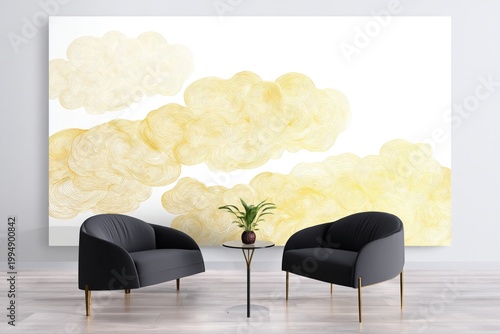 Modern Interior Design With Yellow Cloud Art and Two Black Chairs in a Bright...