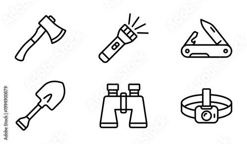 Camping and outdoor gear equipment line icon set with adventure equipment flashlight binoculars headlamp survival activity